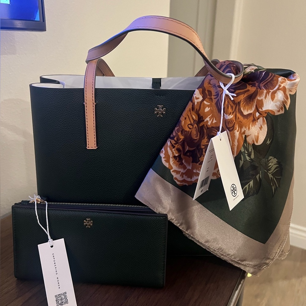 Tory Burch “Blake” Mixed Material Center Zip Tote, slim wallet and silk scarf